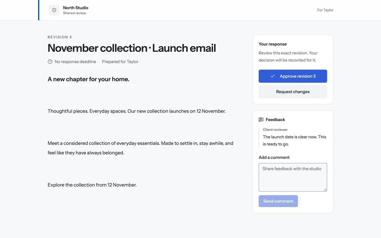Actual Studio client-review interface showing a launch-email draft, client feedback, and the Approve revision 3 action.